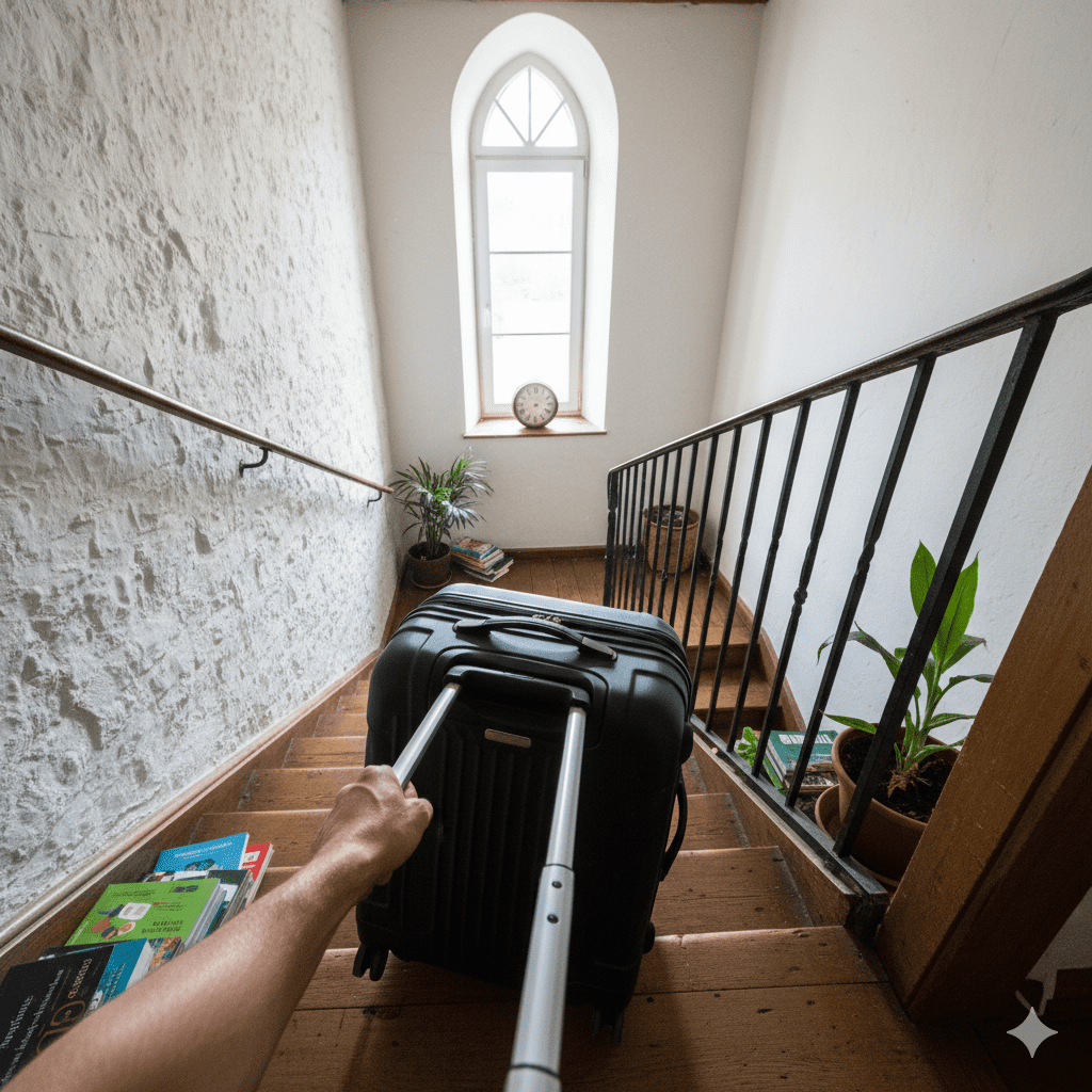 A person's hand pulling a black rolling carry-on suitcase down a narrow wooden staircase. The background shows a white stone wall and a window, highlighting the difficulty of navigating stairs with a roller bag.