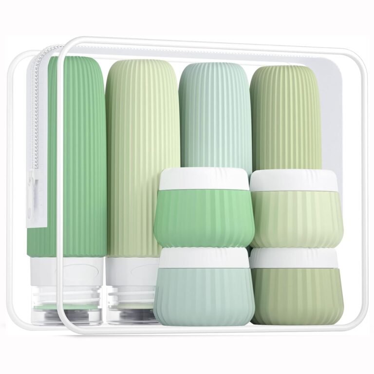 TSA-approved travel toiletry containers showing leak-proof seals, flexible silicone material, and wide-mouth openings for easy refilling during carry-on travel.