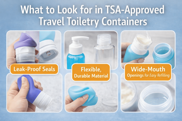 TSA-approved travel toiletry containers showing leak-proof seals, flexible silicone material, and wide-mouth openings for easy refilling during carry-on travel.