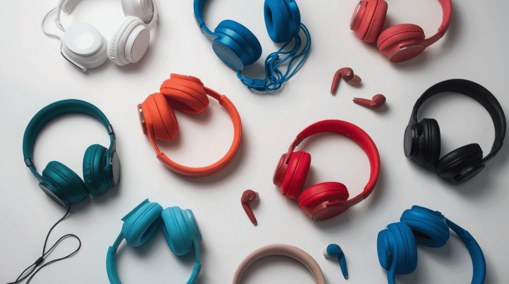 A flat lay arrangement of multiple over-ear and in-ear headphones in various colors like blue, red, orange, and black, displayed as essential carry-on travel essentials for entertainment.