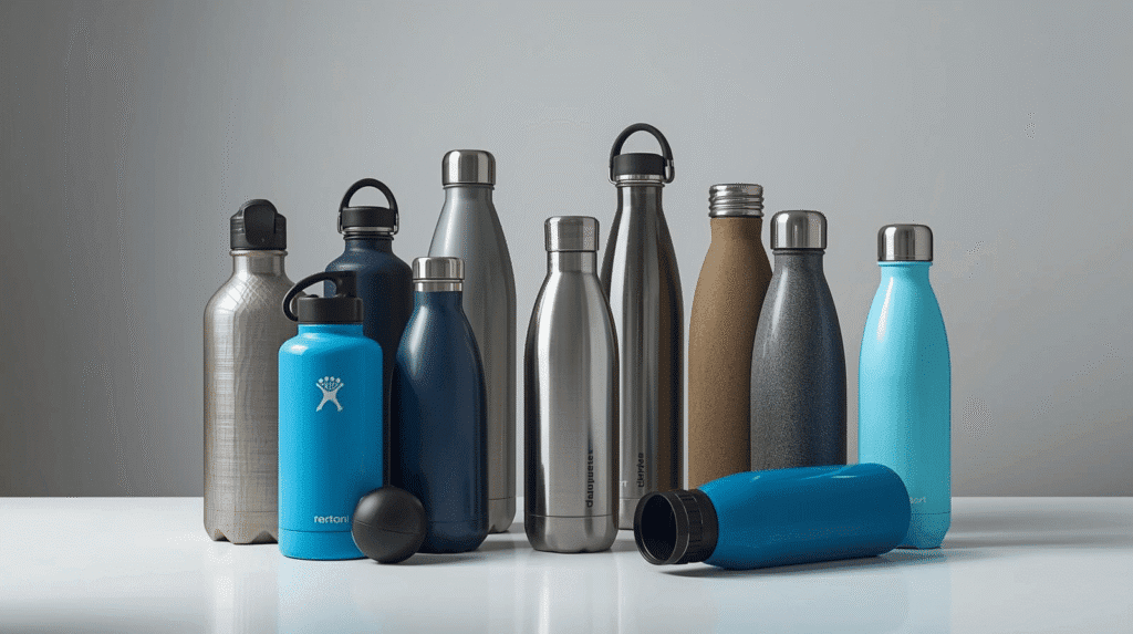 A studio arrangement of various insulated water bottles in metal and colored finishes, highlighting different styles and sizes available as carry-on travel essentials.