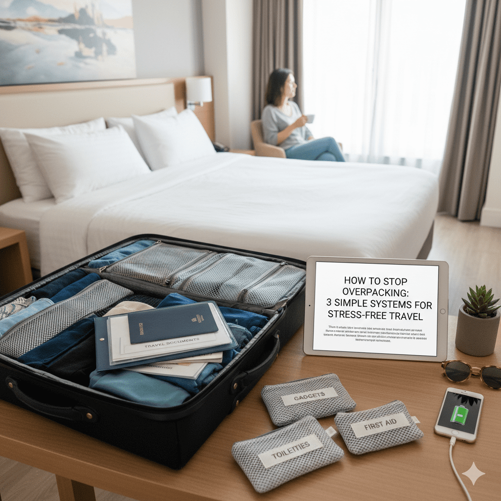 An open suitcase using gray mesh packing cubes for organization sits on a wooden table, next to a tablet displaying the article title "How to Stop Overpacking". Travel documents, a phone charging, sunglasses, and a potted plant are also present. In the background, a person relaxes on a chair by a window in a hotel room.