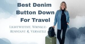 A woman at an airport wearing a lightweight denim button-down shirt over a black base layer, standing with an olive green carry-on suitcase and a black backpack. This is best denim button down for travel.