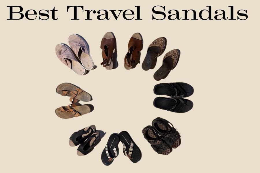 A collection of various women's sandals in different styles arranged in a circle, representing the best travel sandals for women available.