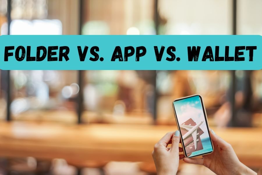 A comparison image showing a simple green folder, a black leather wallet-style organizer, and a smartphone displaying a travel photo. The image illustrates the different options for a travel document organizer system.