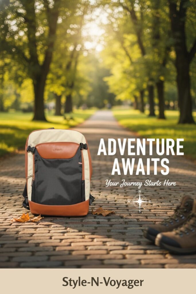 LOVELOOK 40L travel backpack on a cobblestone path in a tree-lined park with the words “Adventure Awaits – Your Journey Starts Here,” highlighting a Spirit and Frontier approved personal item.