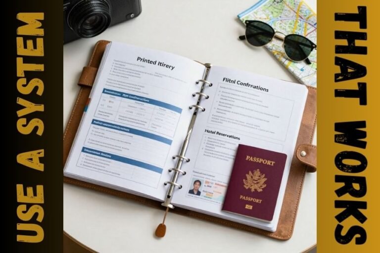 A brown ring-binder travel document organizer open on a desk with a passport and printed itinerary pages inside, next to a camera, sunglasses, and map.