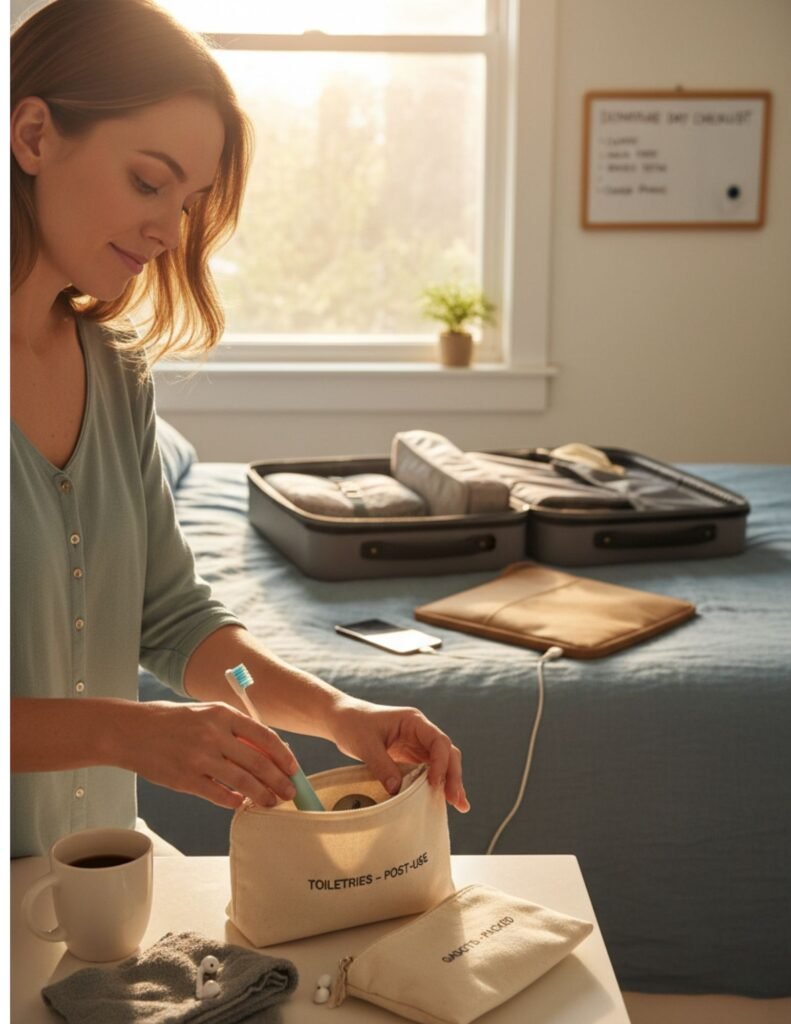 A woman placing her toothbrush into a small canvas travel bag labeled "TOILETRIES - POST-USE", demonstrating a "use and pack" system to avoid how to stop overpacking.
