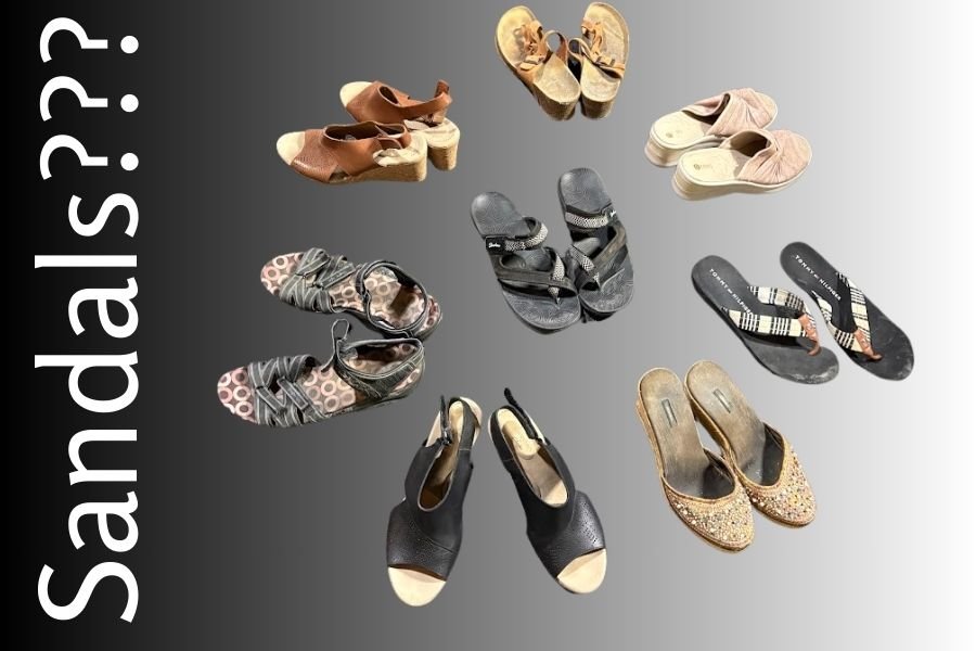 A collage showing various styles of women's sandals, including strappy sandals, flip-flops, and wedges, illustrating options for finding the best women travel sandals for walking.