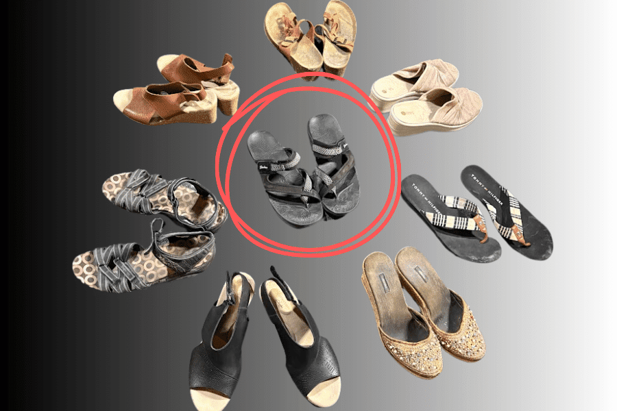 A collage of various women's sandals, with a red circle highlighting the specific black Skechers Reggae Irie Mon sandals recommended as the best travel sandals for women.