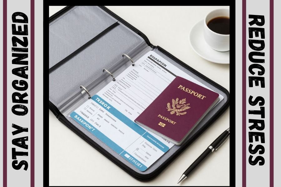 A physical travel document organizer containing a passport, travel documents, itinerary pages, a pen, and a cup of coffee.