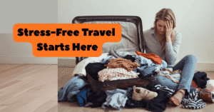 An open suitcase with organized packing cubes and travel documents sits on a table next to a tablet displaying the title "How to Stop Overpacking: 3 Simple Systems for Stress-Free Travel." A woman is relaxing in the background of the hotel room.