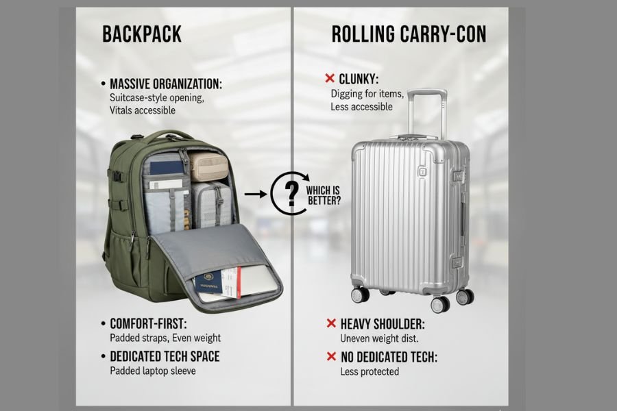 Infographic comparing a 40L travel backpack and a rolling suitcase. The backpack is shown with organized packing cubes and a laptop sleeve, while the suitcase is labeled with downsides like uneven weight and being less accessible.