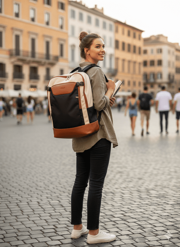 A young woman with a stylish, organized backpack looks back while standing in a busy European city square, embodying light, stress-free travel.
