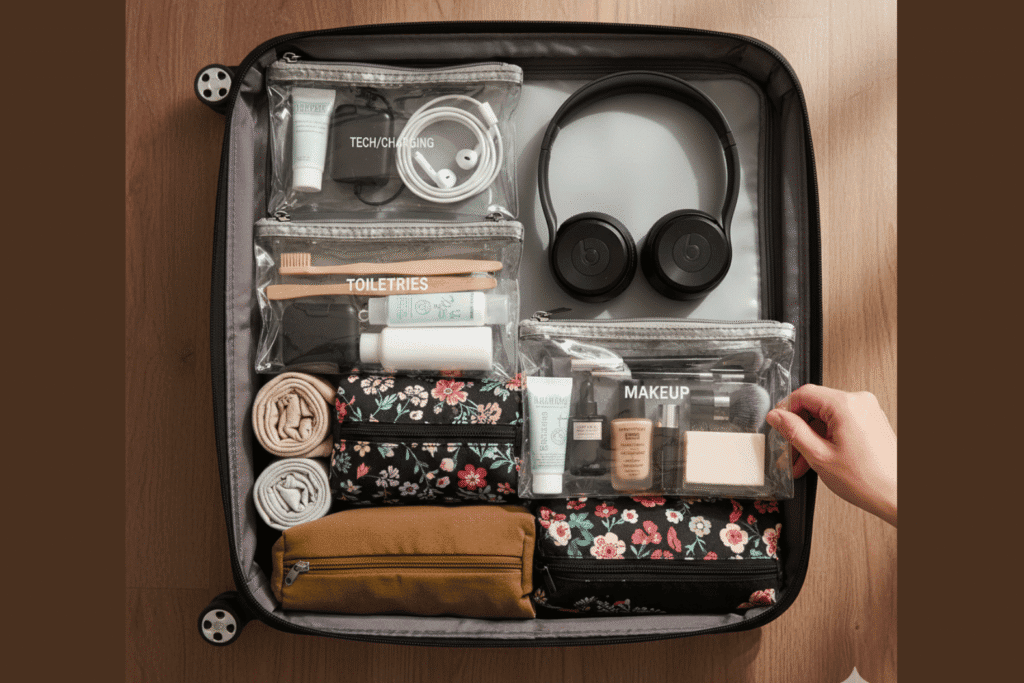 Open suitcase neatly packed with rolled clothes and toiletries using clear, organized pouches for efficient travel.