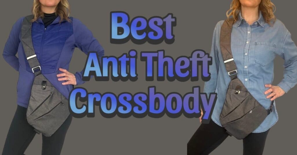 Best anti-theft crossbody bag for travel shown in grey on two women, highlighting its slim, secure profile for stress-free carry-on travel.