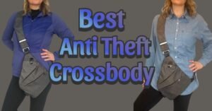 Best anti-theft crossbody bag for travel shown in grey on two women, highlighting its slim, secure profile for stress-free carry-on travel.