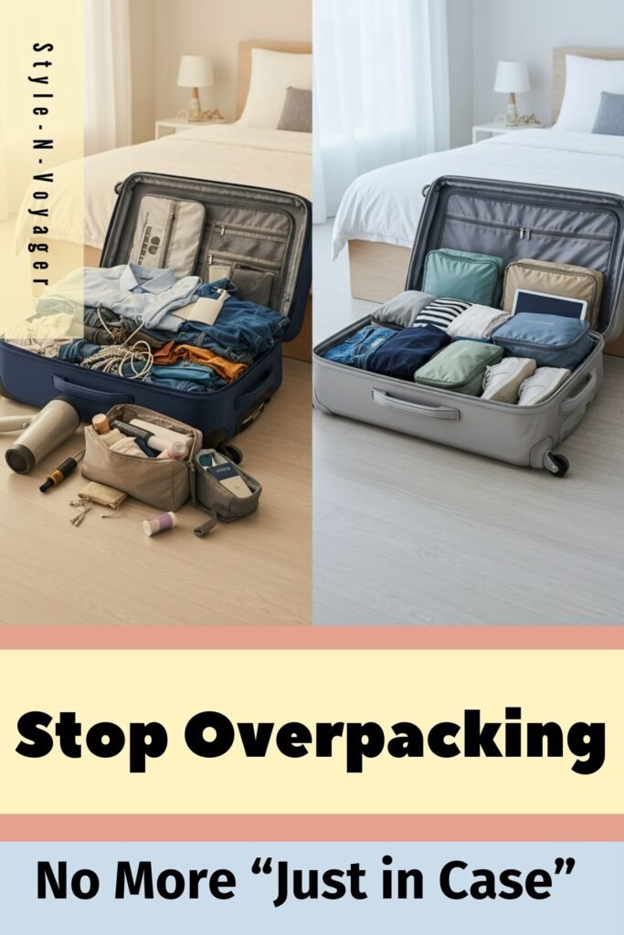 Organized clothes in packing cubes on the right, chaotic overpacked clothes on the left.