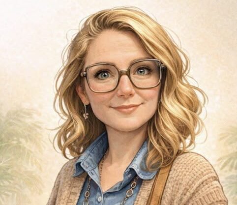 Illustration of a female travel blogger with glasses holding a travel planner, next to luggage and a laptop. contact Style-N-Voyager for more details