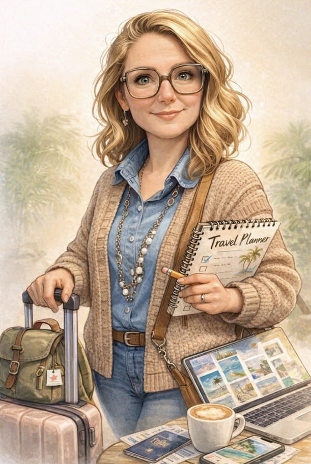 Illustration of a female travel blogger with glasses holding a travel planner, next to luggage and a laptop. contact Style-N-Voyager for more details