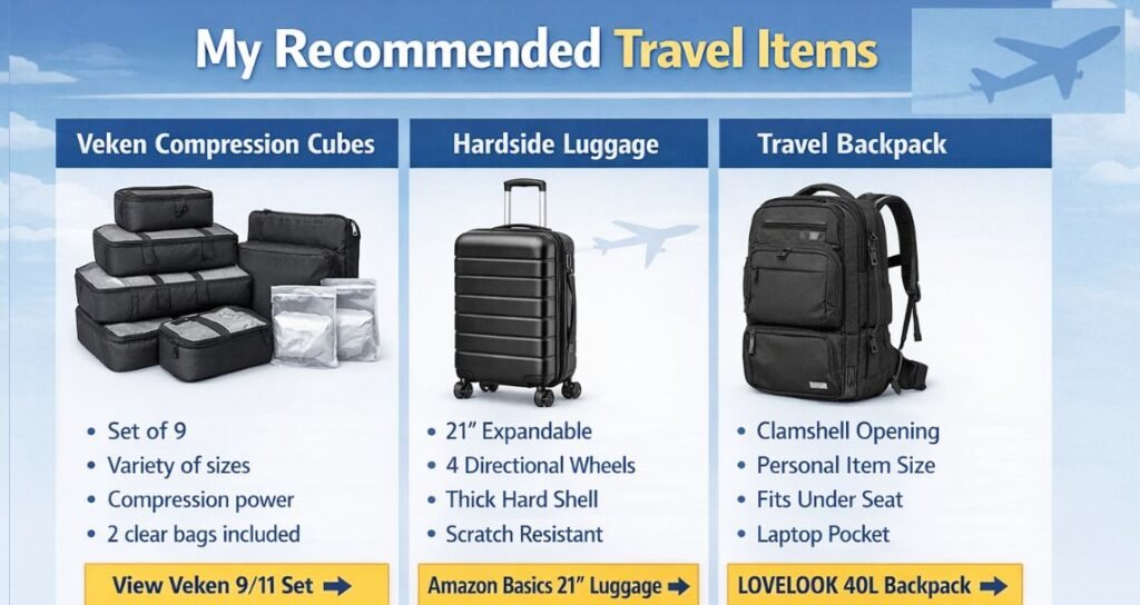 Infographic showing recommended travel items including Veken compression packing cubes, 21-inch hardside luggage, and a Spirit and Frontier approved personal item travel backpack with clamshell opening and laptop pocket.