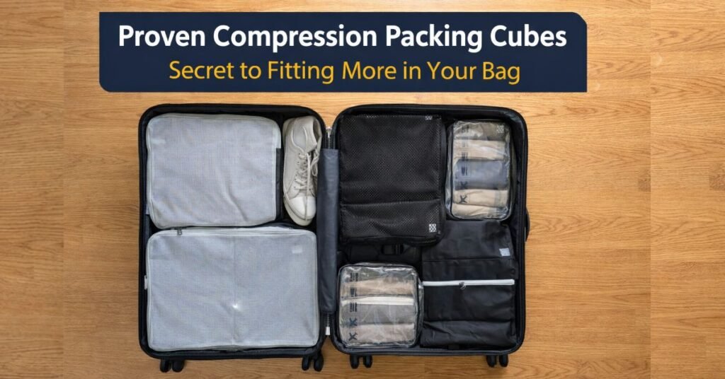 Open carry-on suitcase neatly organized with compression packing cubes for travel, showing efficient space-saving packing system.
