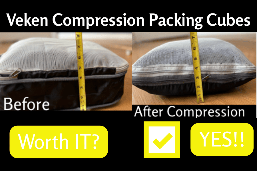 A side-by-side comparison of a black and grey Veken compression packing cube being measured with a yellow tape measure. The top half, labeled "Before," shows the cube expanded to approximately 5 inches in height. The bottom half, labeled "After Compression," shows the same cube with its second zipper closed, reducing its height to about 2.5 to 3 inches.