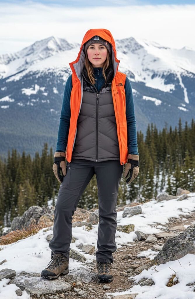 A woman hiker standing on a snowy mountain trail wearing a three-layer winter clothing system: a blue base layer, a grey insulated mid-layer, and a bright orange waterproof outer shell.