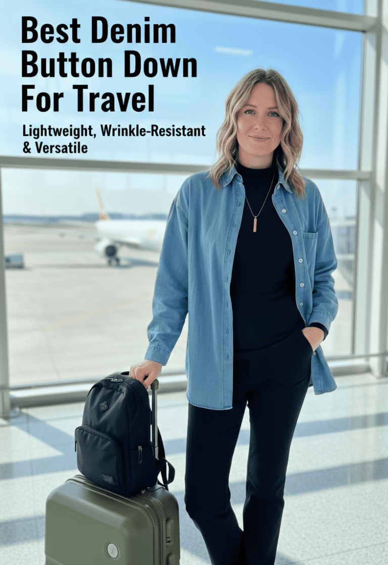 A woman at an airport terminal wearing the best denim button down for travel, a lightweight denim shirt for women, styled over a black outfit with a green carry-on suitcase.