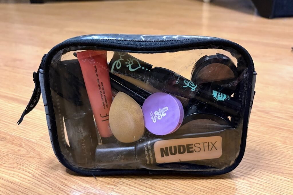 picture of clear bag with makeup packed neatly