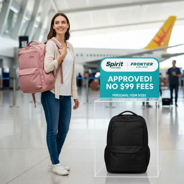 A woman carrying a pink LOVEVOOK 40L backpack at an airport next to a Spirit and Frontier approved personal item sizer.