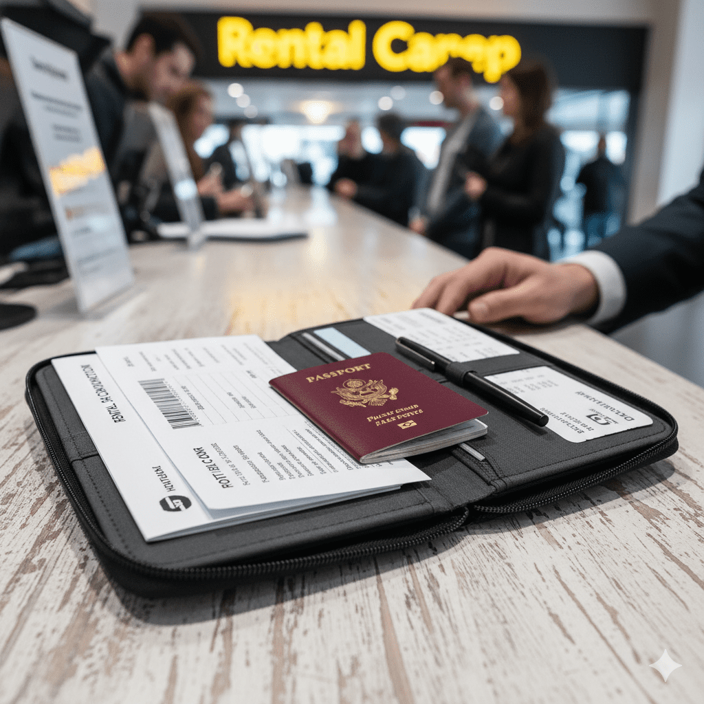 A person's hand next to an open, black travel document organizer on a rental car counter, showing a US passport, pen, and printed documents.