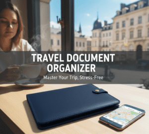 A physical travel document organizer system featuring a blue two-pocket folder and a red two-pocket folder open on a wooden desk with a laptop and pens nearby.