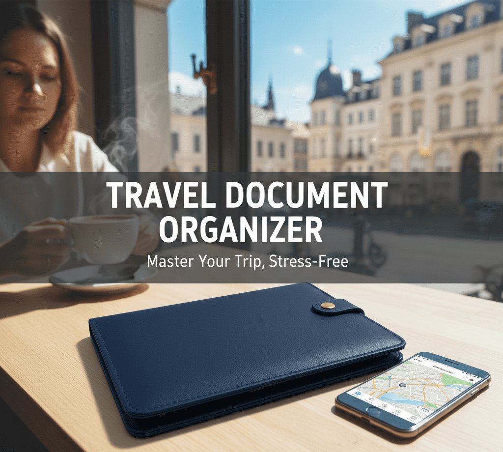 A physical travel document organizer system featuring a blue two-pocket folder and a red two-pocket folder open on a wooden desk with a laptop and pens nearby.