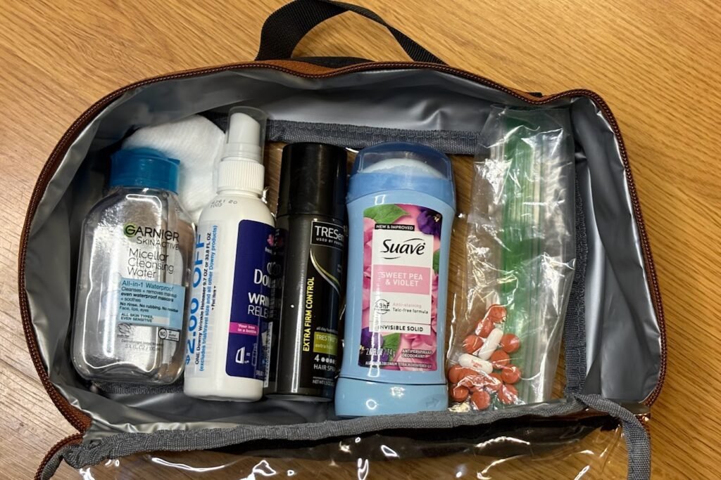 Picture of clear travel bag. With travel size items ready to take in a moments notice.