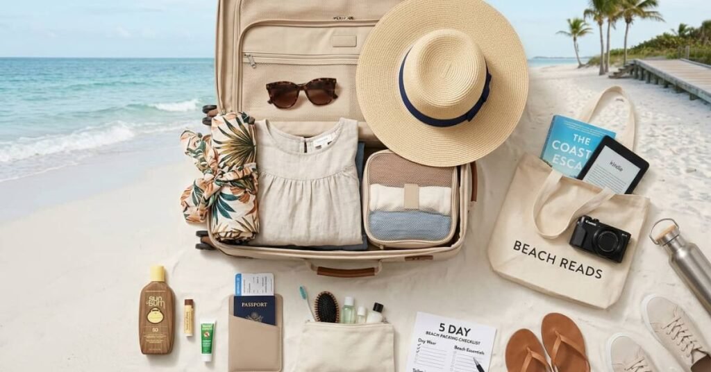 A flat-lay vacation packing list featuring beach essentials like a swimsuit, sunglasses, and a travel planner on a wooden surface.