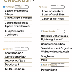 5-day beach vacation packing list printable checklist covering clothing, shoes, toiletries, tech and travel comfort categories