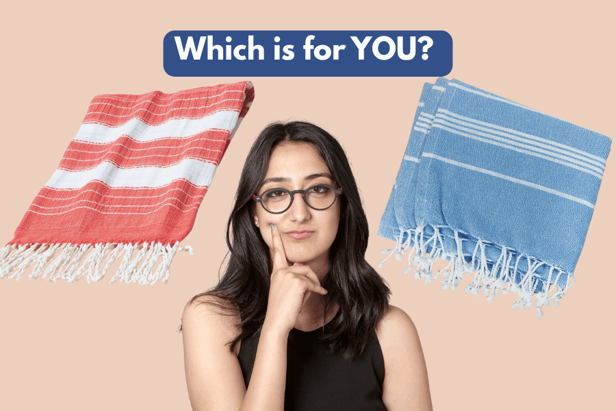 A woman thinking between a red striped Turkish towel and a blue striped Turkish towel.