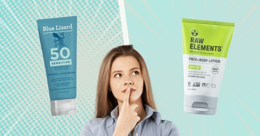 A woman looking thoughtful between a tube of Blue Lizard Sensitive Mineral SPF 50 and a tube of Raw Elements Face + Body SPF 30, trying to decide on the best reef-safe sunscreen for beach travel.