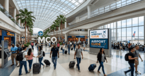 Bustling terminal at Orlando International Airport with travelers, palm trees, and an MCO Airport Guide sign.