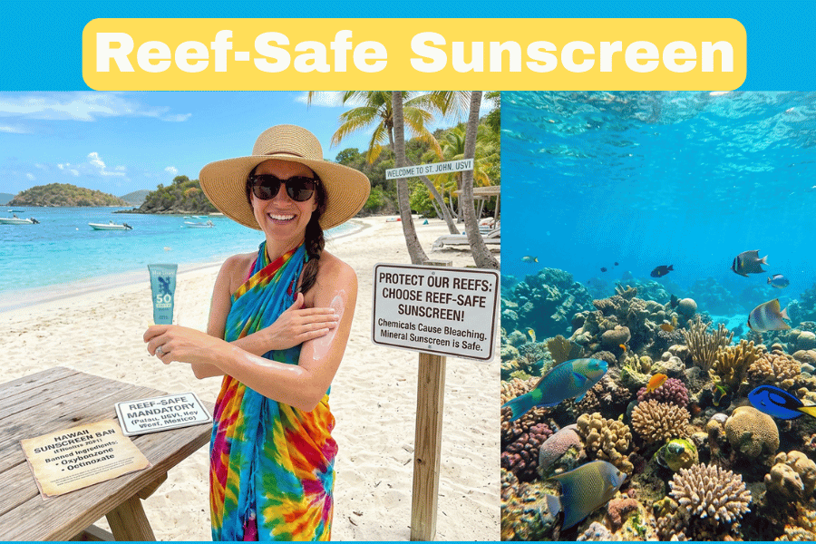 A split-screen image showing a woman on a sunny beach applying mineral sunscreen to her arm next to a regulatory sign that says "Protect Our Reefs," paired with a vibrant, healthy underwater coral reef teeming with colorful tropical fish.