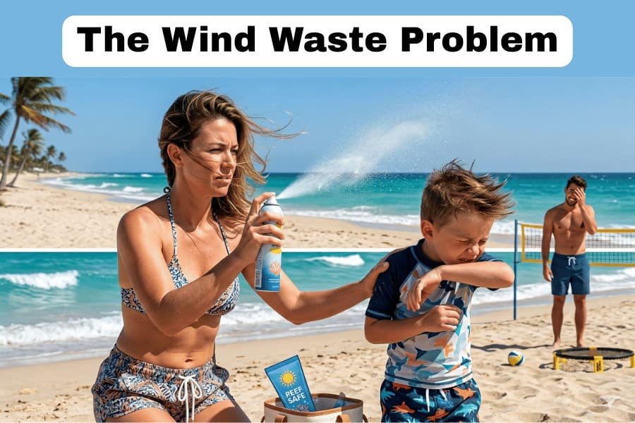 A woman on a windy beach struggles to apply spray sunscreen to a young boy as the mist blows away in the breeze.