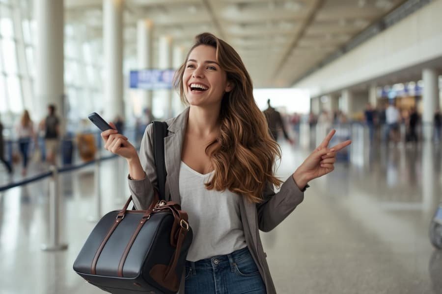 A happy female traveler laughing in a bright airport terminal while carrying a stylish black personal item bag and holding a smartphone.