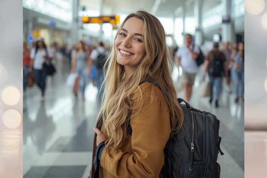 A happy female traveler laughing in a bright airport terminal while carrying a stylish black personal item bag and holding a smartphone.