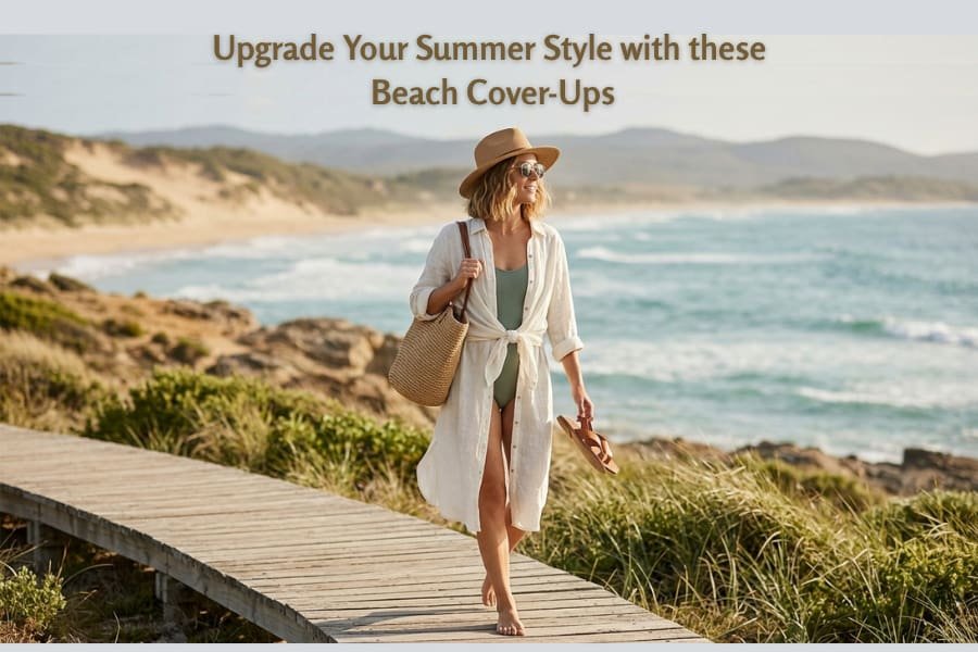 Woman walking on a beach boardwalk wearing a lightweight white swimsuit cover up and straw hat