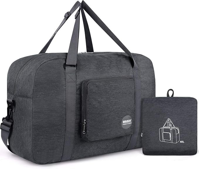 Wandf foldable travel duffel bag in dark grey, shown as both a full 40L bag and in its compact folded state.