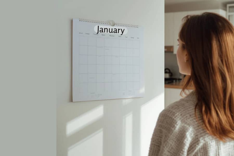 A woman with long reddish-brown hair looks at a blank wall calendar for January, representing the first step in planning travel flexibility.