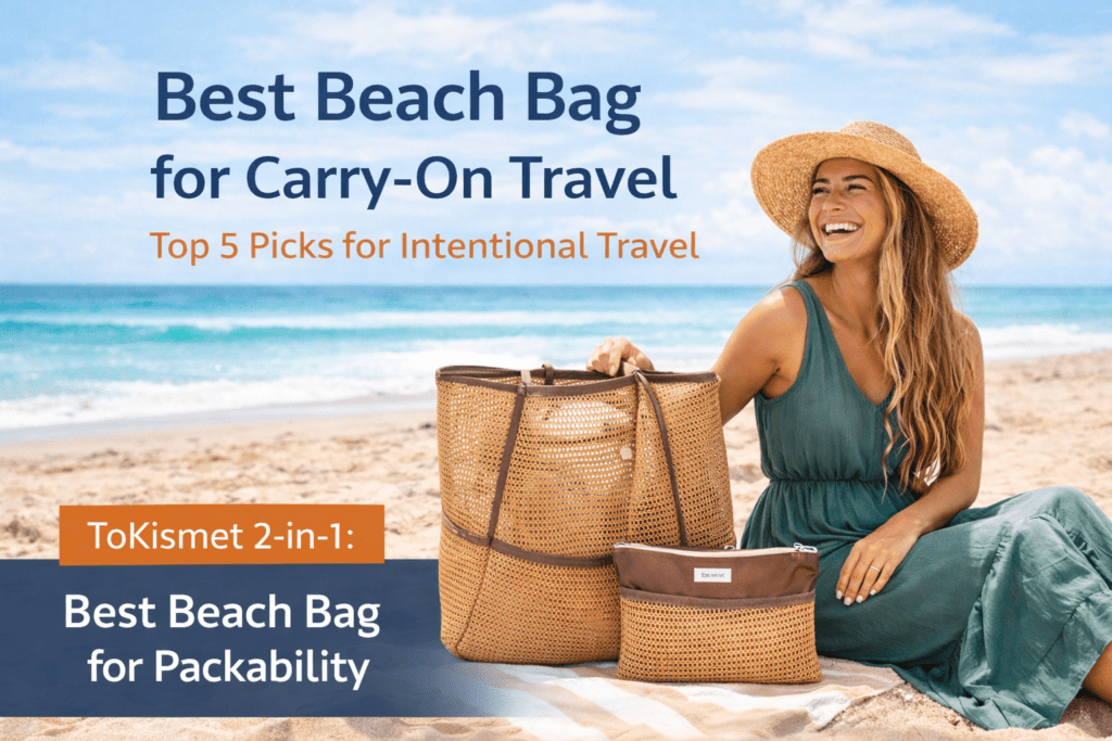 A lifestyle image featuring a woman in a sun hat on a sunny beach, showcasing a ToKismet 2-in-1 tan mesh beach bag and its matching small zippered storage pouch, with text overlay reading "Best Beach Bag for Carry-On Travel."