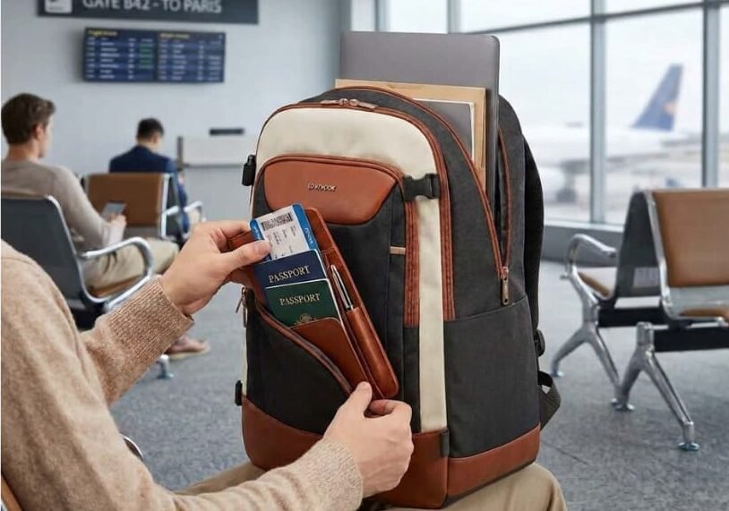 A traveler at an airport gate removing a leather document organizer from the front pocket of a black and cream LOVEVOOK backpack.