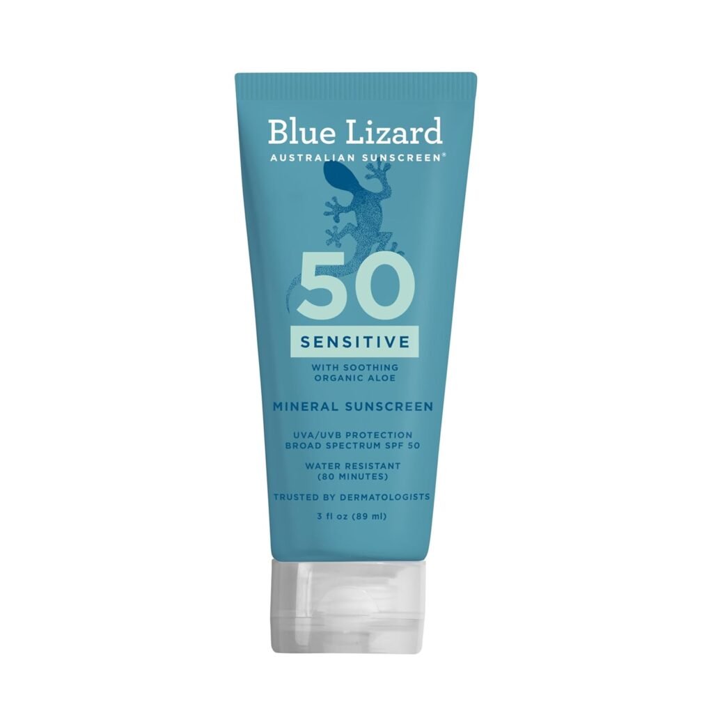 A 3-fluid-ounce tube of Blue Lizard Australian Sunscreen Sensitive Mineral SPF 50. The light blue tube features a darker blue lizard logo and a "Smart Cap" that turns blue in UV light.